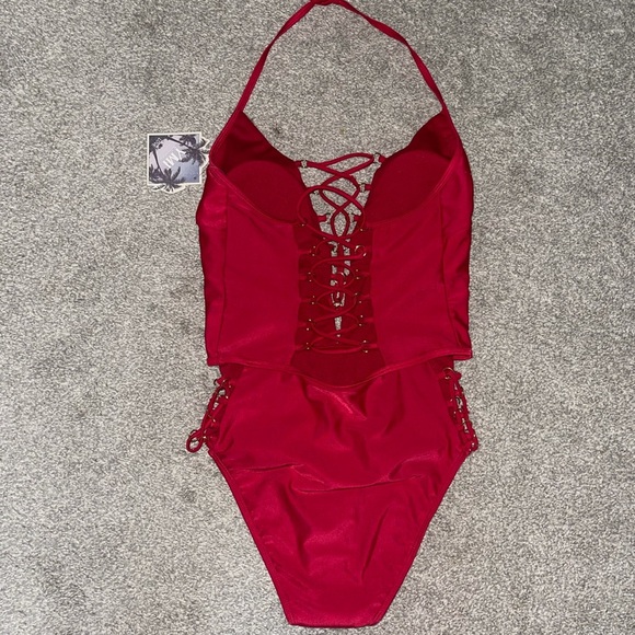 YMI Swimwear Lipstick Red Lace-up Halter One-Piece - Picture 5 of 6